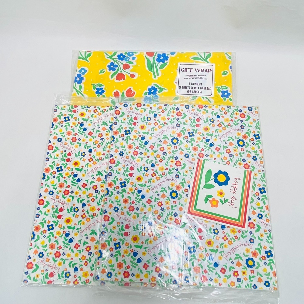 VTG NOS Wrapping Paper Hallmark Ambassador Primary Floral 1990s Gift Wrap Yellow